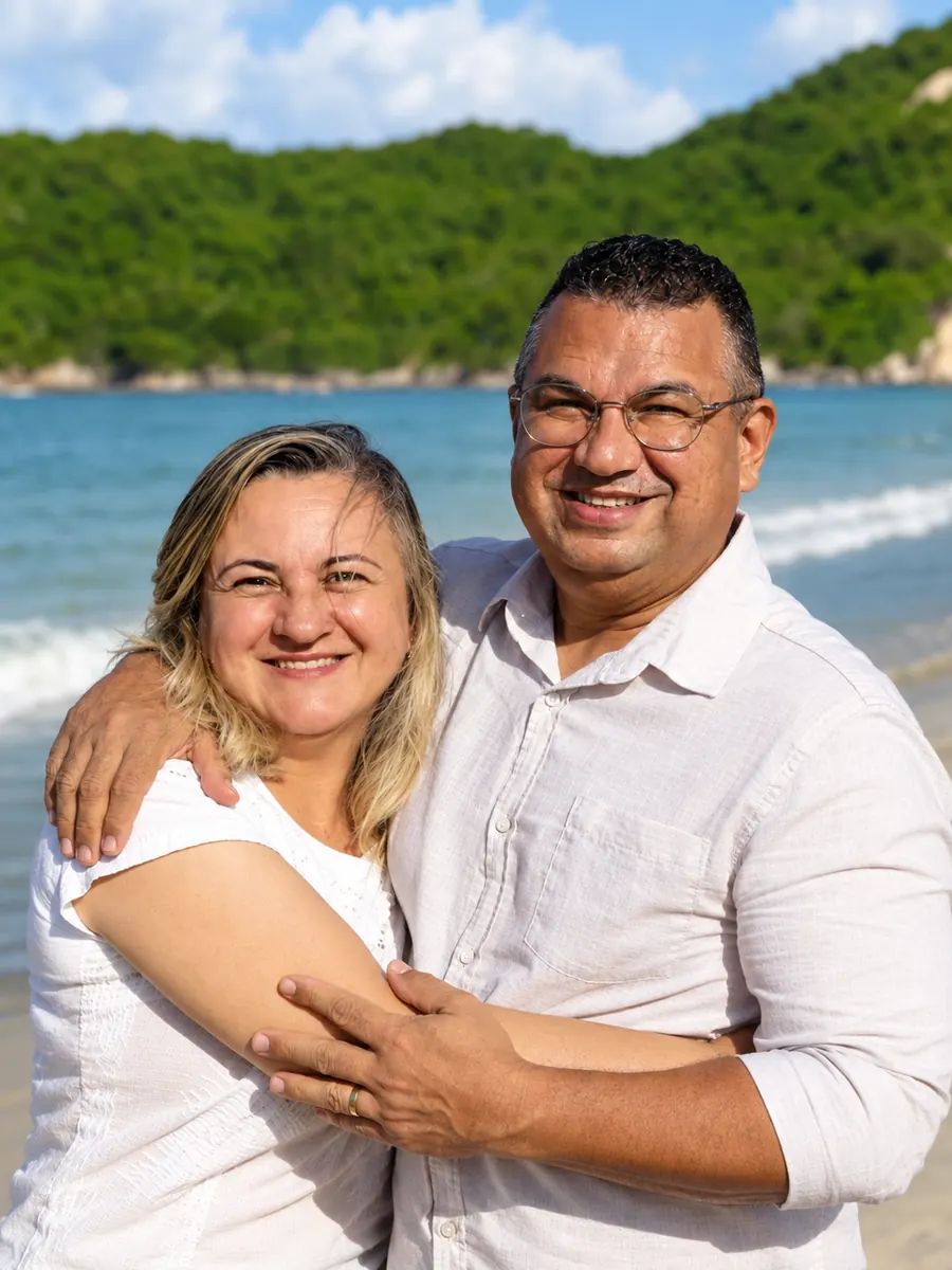 Edson e Maclania, da Logos Tour, abraçados e sorrindo na praia